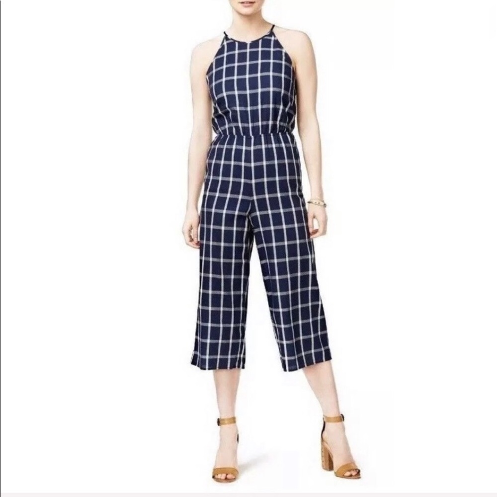 Maison Jules Blue Jumpsuit Windowpane Striped Cropped Size Large